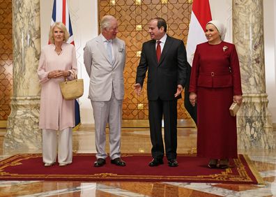 Prince Charles and Camilla, Duchess of Cornwall, President of Egypt, Abdel Fattah el-Sisi, and the First Lady, Entissar Amer, at Al-Ittahadiya Palace