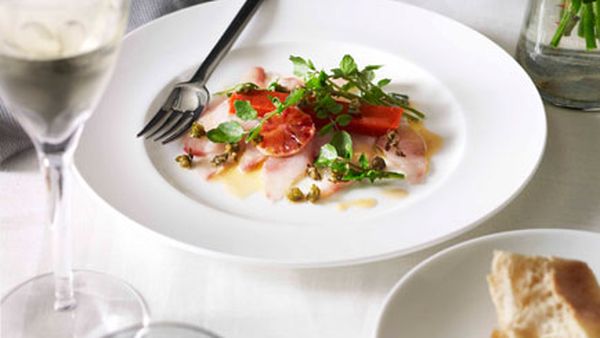 Guy Grossi: Kingfish carpaccio with blood orange, capers, watercress and piquillo