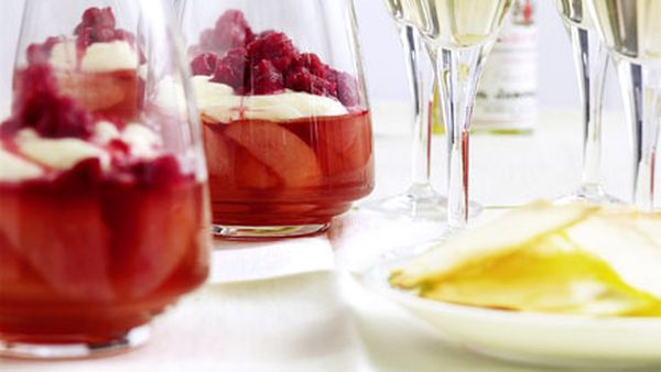 Nectarine jelly with elderflower cream and crushed raspberry ice