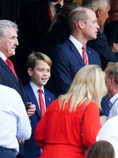 The Prince of Wales and his son Prince George in the stands before the Rugby World Cup 2023 quarter final match at Stade de Marseille, France. Picture date: Saturday October 14, 2023. (Photo by Mike Egerton/PA Images via Getty Images)