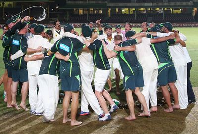 His beer shower came as the Aussie team enjoyed a moment on the SCG pitch.
