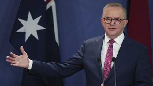 Australian Prime Minister Anthony Albanese gestures during a press conference in Sydney, Australia, Thursday, Dec. 12, 2024.