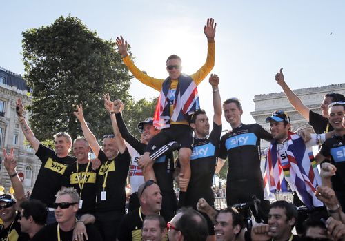 The team celebrates the Tour de France victory of Bradley Wiggins in 2012. (AAP)