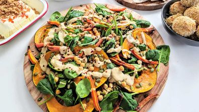 Pumpkin and chickpea tray bake hummus salad