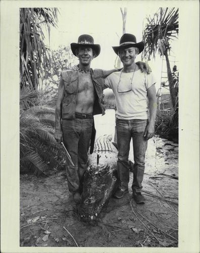 John Cornell, Paul Hogan pose together on the set of Crocodile Dundee in 1984.