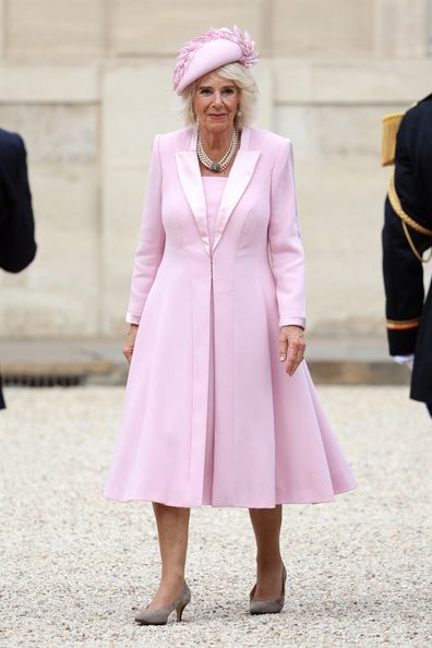 Queen Camilla arrives at the Elysee Presidential Palace prior to a bilateral meeting between King Charles III and President of France Emmanuel Macron on September 20, 2023 in Paris, France 