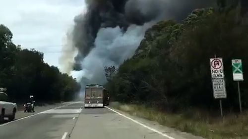 Police are yet to determine how the vehicle burst into flames on the M1 Motorway near Cooranbong (Supplied).