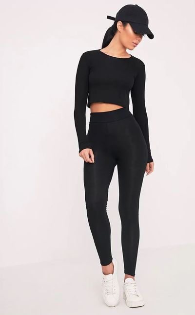 <a href="https://www.prettylittlething.com.au/dabria-black-high-waisted-jersey-leggings.html" target="_blank">Pretty Little Thing Dabria Black High Waisted Jersey Leggings, $10.</a>
