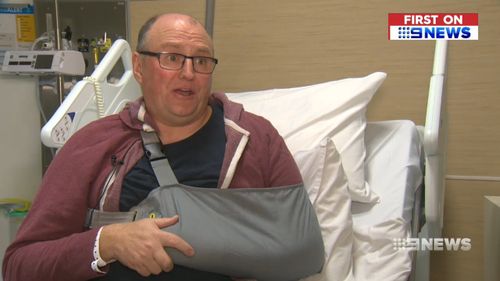 Mr Baker says "they left me for dead," suffering a broken collarbone and a dislocated shoulder. Picture: 9NEWS