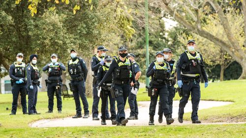 A heavy Police presence is seen at Government House on August 31, 2021 in Melbourne.