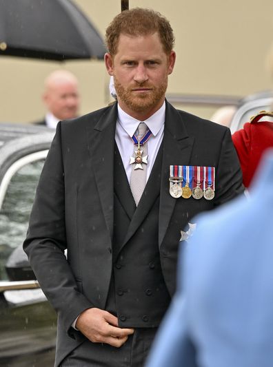 Prince Harry arrives for the coronation of King Charles at Westminster Abbey, London