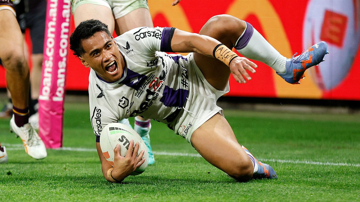 Sua Fa&#x27;alogo scores for the Storm against the Broncos on his NRL debut in Round 27 of 2023. Josh Woning - J&amp;A Photography