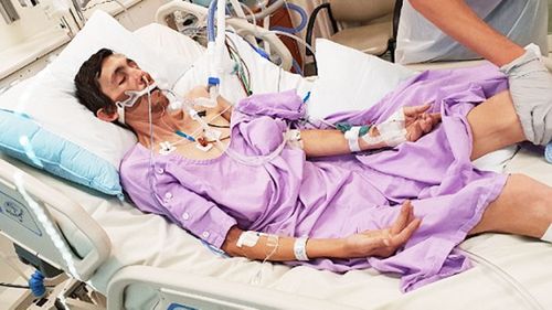 Anthony White pictured in intensive care last year after his diagnosis.