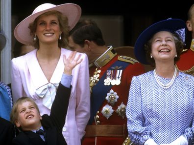 Diana, Princess of Wales, Prince William, Prince Harry, Queen Elizabeth II, Princess Margaret, Prince Charles, Prince of Wales, Trooping the Colour, 17th June 1989. (Photo by John Shelley Collection/Avalon/Getty Images)