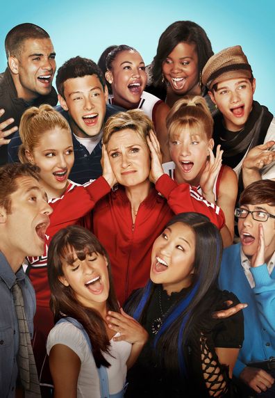 Glee cast. Jane Lynch. Pictured clockwise from L: Matthew Morrison, Dianna Agron, Mark Salling, Cory Monteith, Naya Rivera, Amber Riley, Chris Colfer, Heather Morris, Kevin McHale, Jenna Ushkowitz and Lea Michele. 