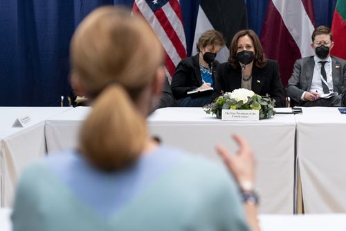 Vice President Kamala Harris, listens as  Estonia's Prime Minister Kaja Kallas, foreground, speaks during a meeting at the Munich Security Conference, Friday, Feb. 18, 2022, in Munich.