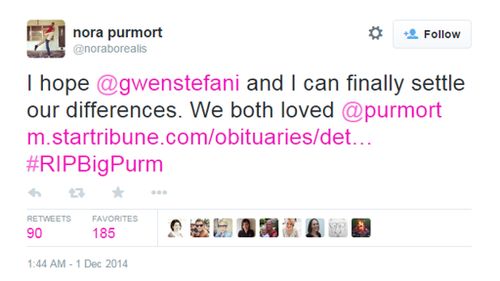 Nora Purmort continued the humour, tweeting a link to the obituary while calling for a truce with singer and 'first wife' Gwen Stefani. (Twitter, @noraborealis)