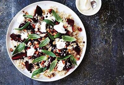 Quinoa and beetroot salad with smoked almonds and currants