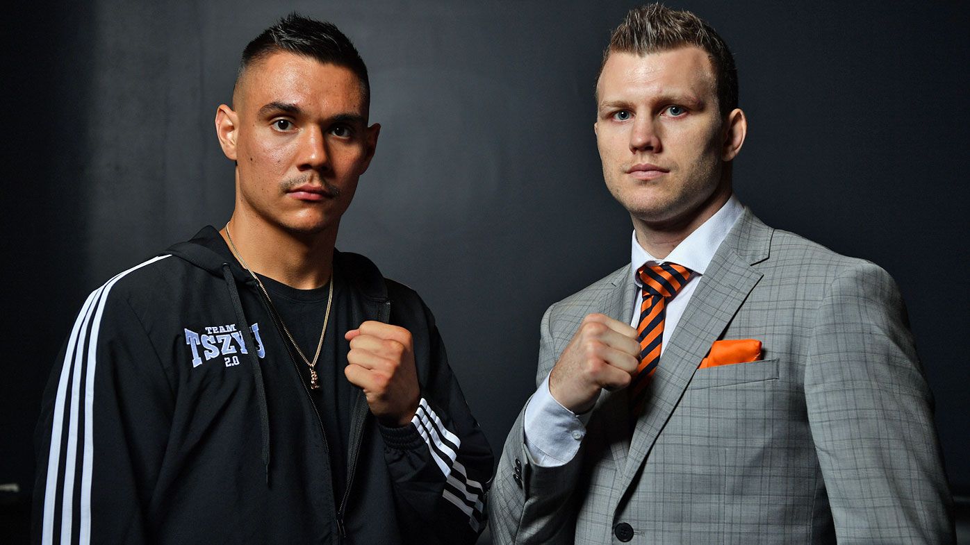 Boxers Tim Tszyu and Jeff Horn pose for a photo