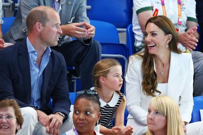 Prince William, Duke of Cambridge, Princess Charlotte and Catherine, Duchess of Cambridge watch the action on day five of the Birmingham 2022 Commonwealth Games at Sandwell Aquatics Centre on August 02, 2022 in Smethwick, England 