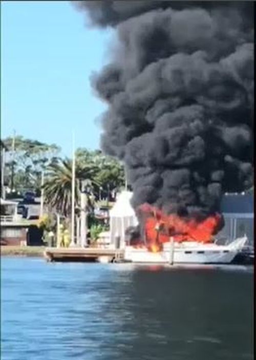 The vessel's 59-year-old occupant was taken to hospital in a serious condition with burns to his face and hands. Picture: 9NEWS.