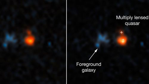 Explainer graphic (right), of the Hubble Space Telescope image of a very distant quasar that has been magnified and split into three images by the effects of the gravitational field of a foreground galaxy (left).