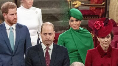 Prince William with Kate, Duchess of Cambridge, and Prince Harry with Meghan Duchess of Sussex, as they leave the annual Commonwealth Service at Westminster Abbey in London in March 2020.