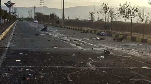 This photo released by the semi-official Fars News Agency shows the scene where Mohsen Fakhrizadeh was killed in Absard, a small city just east of the capital, Tehran, Iran, Friday, Nov. 27, 2020