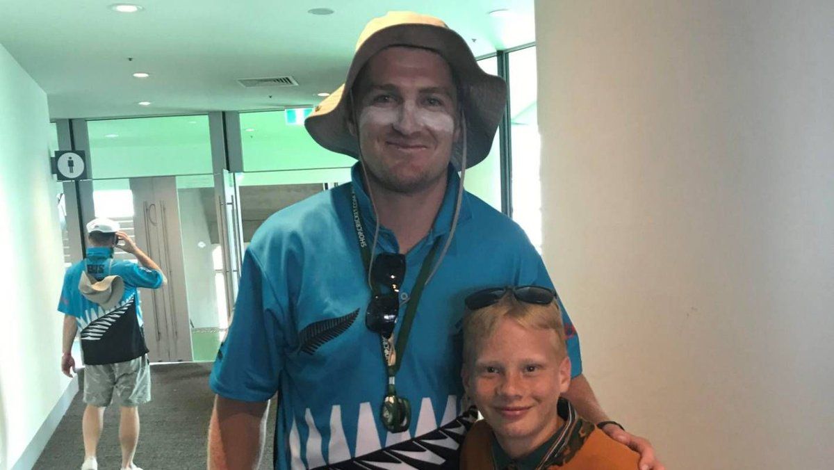 Jordie Barrett with a fan at the Boxing Day Test