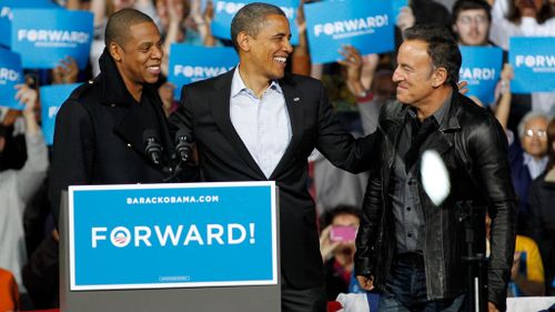 Jay-Z has been active in campaigning for Democratic candidates for US president, pictured here with former President Barack Obama and Bruce Springsteen (Image: AP)