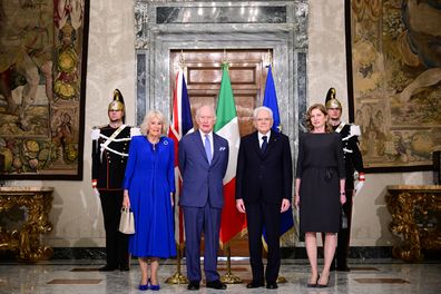 (L-R) Queen Camilla, King Charles III, Italian President Sergio Mattarella, President's daughter, Laura Mattarella