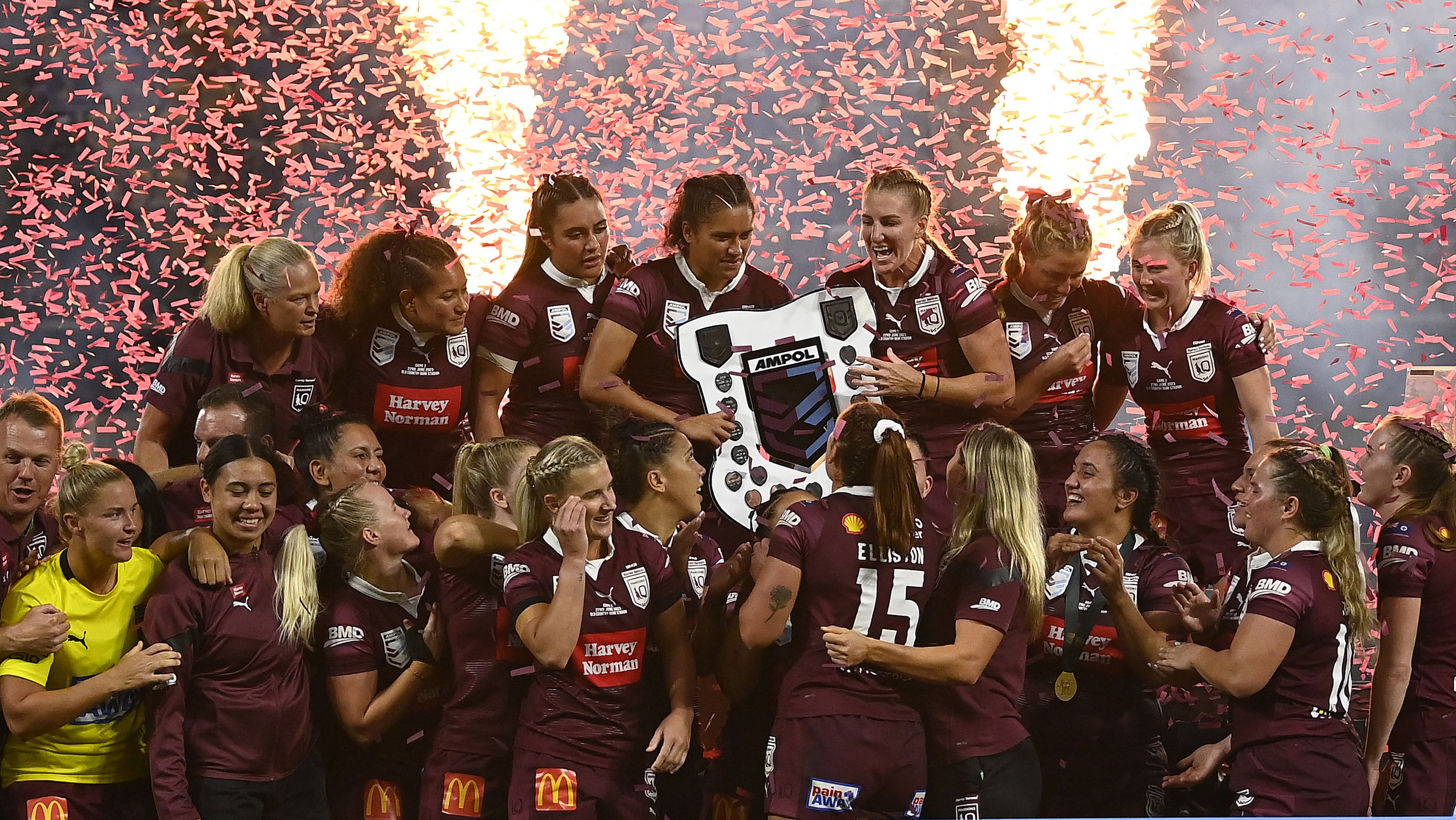 TOWNSVILLE, AUSTRALIA - JUNE 22: Queensland celebrates after winning the series during game two of the women&#x27;s state of origin series between New South Wales Skyblues and Queensland Maroons at Queensland Country Bank Stadium on June 22, 2023 in Townsville, Australia. (Photo by Ian Hitchcock/Getty Images)