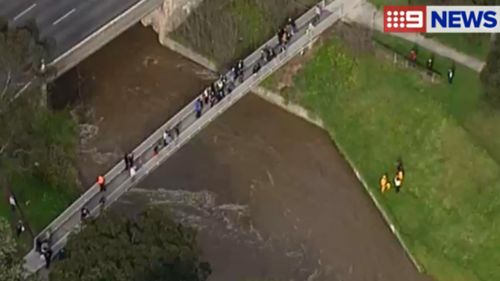 Rescuers search a creek near Dandenong for a young boy swept away. (9NEWS)