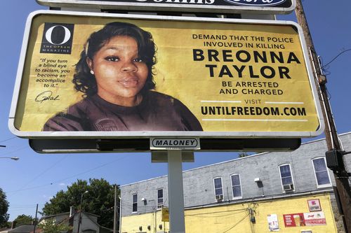 A billboard sponsored by O, The Oprah Magazine, is on display with with a photo of Breonna Taylor, in Louisville, Kentucky. Twenty-six billboards are going up across Louisville, demanding that the police officers involved in Taylor's death be arrested and charged. Taylor was shot multiple times March 13 when police officers burst into her Louisville apartment using a no-knock warrant during a narcotics investigation. No drugs were found. 