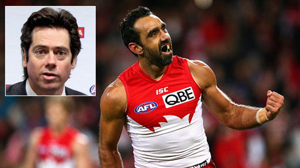 Adam Goodes and (inset) Gillion McLachlan. (Getty)