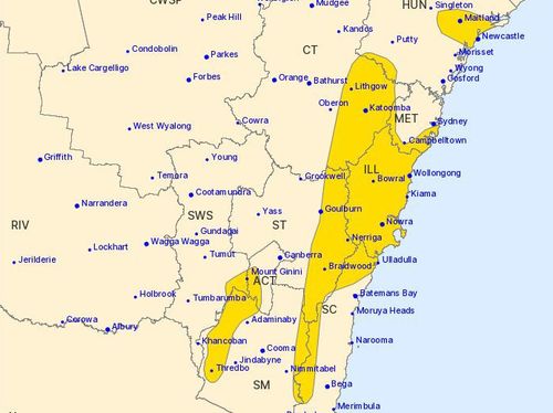 Specifically, residents in Wollongong, Nowra, Kiama, Ulladulla, Sydney Airport, Campbelltown, Goulburn, Bowral, Katoomba, Newcastle and Maitland will cop the brunt of the winds. 