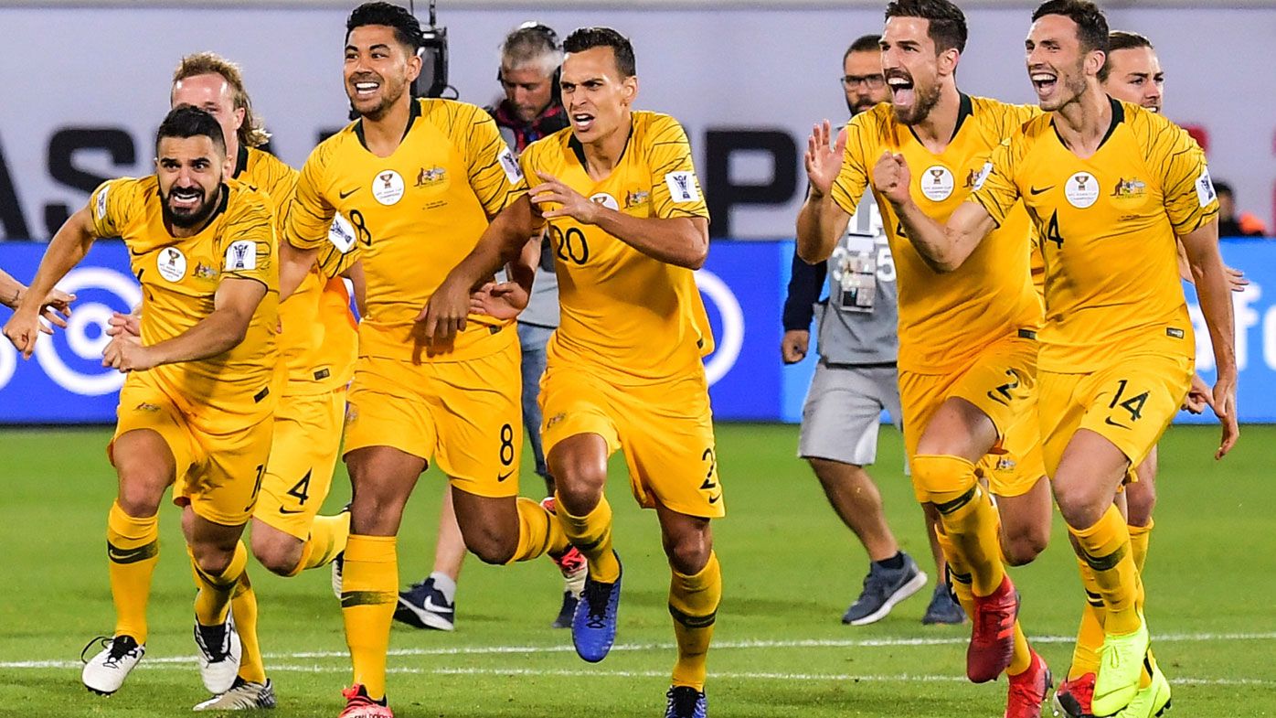 Australia celebrate after defeating Uzbekistan in the round of 16 match during the 2019 AFC Asian Cup 