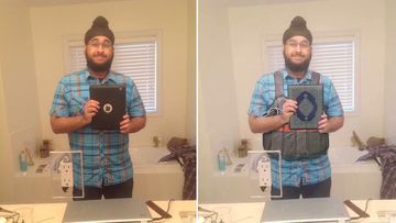 Veerender Jubbal's selfie (left) was maliciously altered (right) to make him appear to be a suicide bomber involved in the Paris attacks. (Twitter)