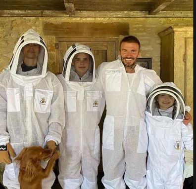 David Beckham and kids beekeeping