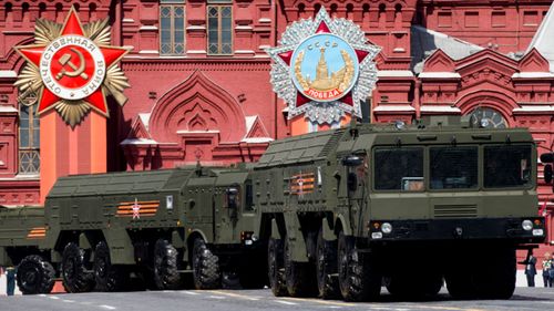 Russian mobile missile launchers during a parade in Moscow.