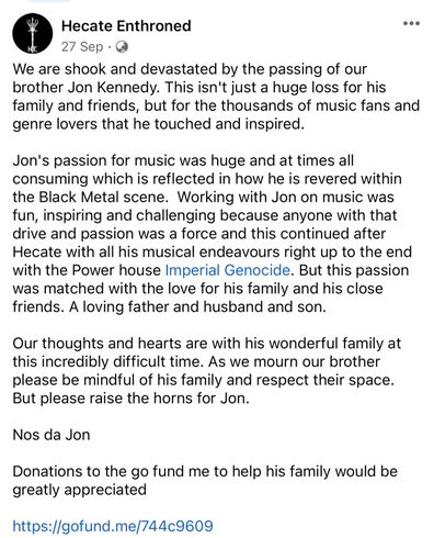 Bassist Jon Kennedy from shock rocker band Cradle of Filth is killed in a  car crash aged 44