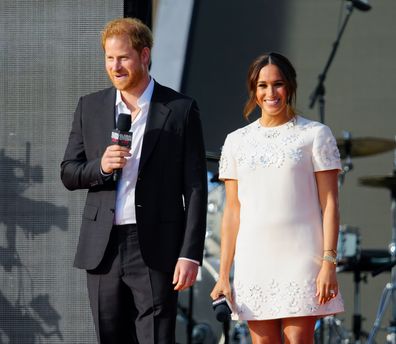 NEW YORK, NEW YORK - SEPTEMBER 25: Prince Harry and Meghan Markle speak on stage at Global Citizen Live: New York on September 25, 2021 in New York City. (Photo by Gotham/WireImage)