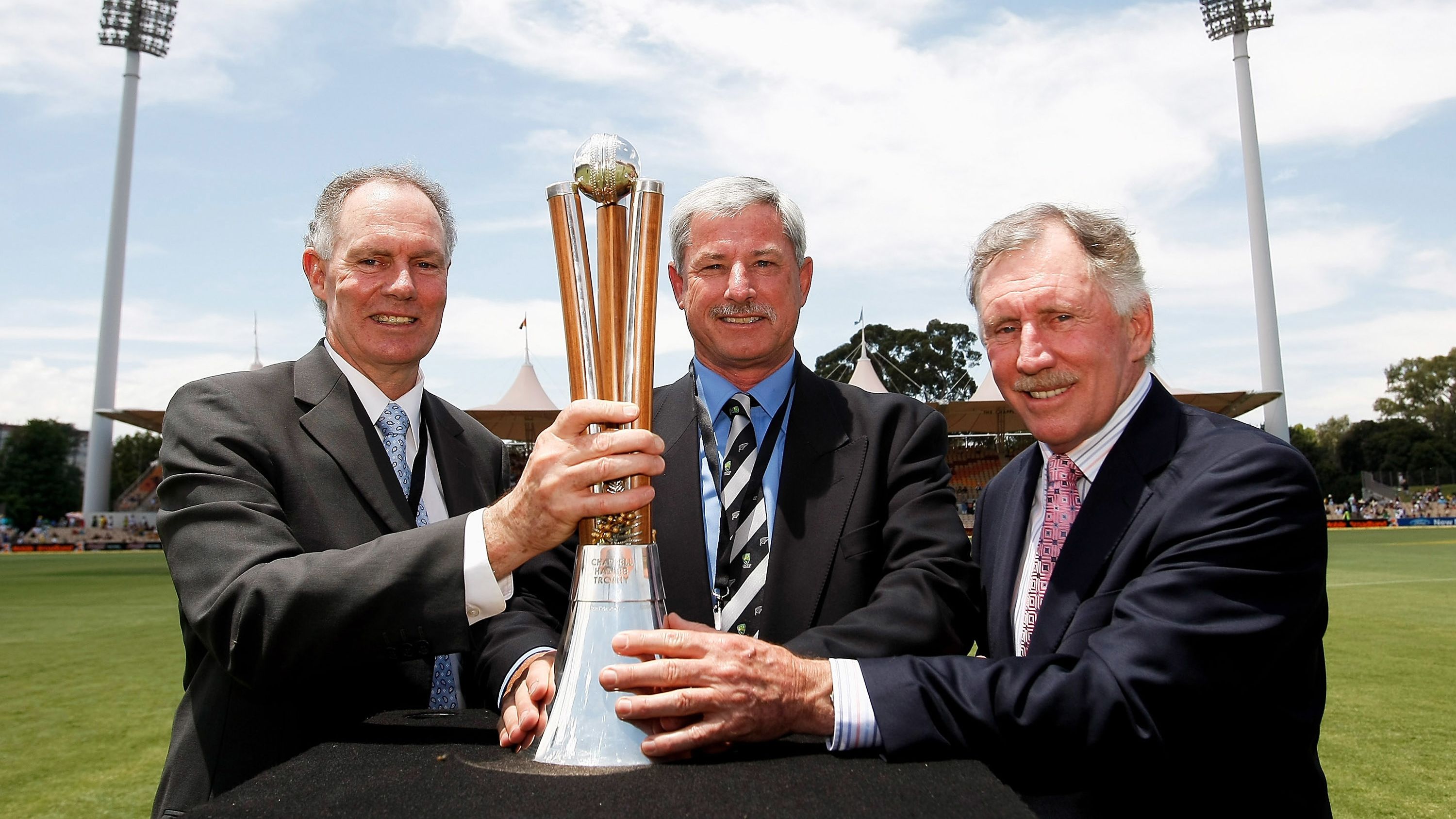 Greg Chappell, Sir Richard Hadlee and Ian Chappell pose with the Chappell-Hadlee trophy before  the start of the first Chappell-Hadlee Trophy one day international match between Australia and the New Zealand Black Caps at the Adelaide Oval on December 14, 2007 in Adelaide, Australia.