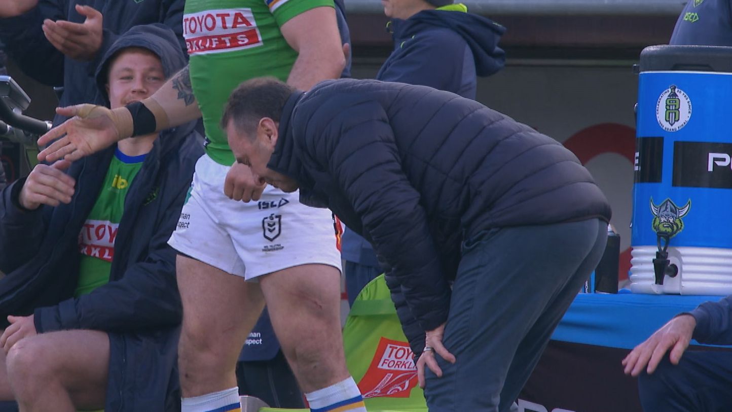 Canberra Raiders coach Ricky Stuart pulls calf while celebrating try