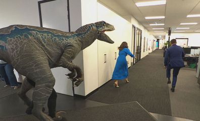 Karl Stefanovic Sarah Abo Jurassic World Blue velociraptor jump scare Today offices