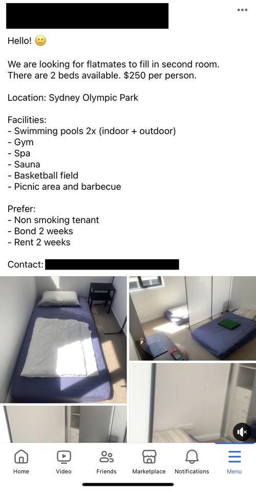 The Facebook listing offers a room in Sydney Olympic Park with each bed advertised for $250 per week.