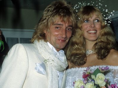   Singer Rod Stewart, wife Alana Stewart pose for a wedding portrait in 1979 in Los Angeles, California. 