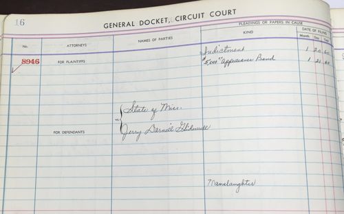 This July 30, 2018, photo shows a court docket with Jerry Darnell Glidewell pleading guilty to manslaughter in January 1960 to the 1959 killing of teenager William Roy Prather in Corinth, Miss