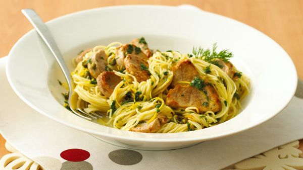 Angel hair pasta, pork and pesto