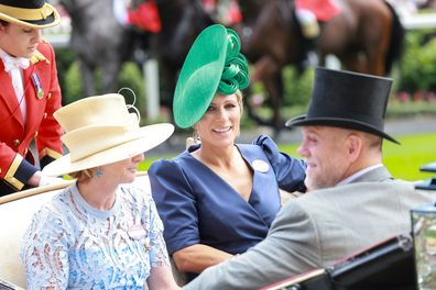 (L-R) Maureen Haggas, Zara Tindall and Mike Tindall attend day two of Royal Ascot 2023 at Ascot Racecourse on June 21, 2023 in Ascot, England 